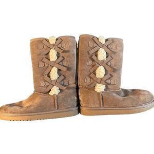 Koolaburra by Ugg Victoria Tall Boots Youth Size 3 Brown Fall Winter Bows Suede